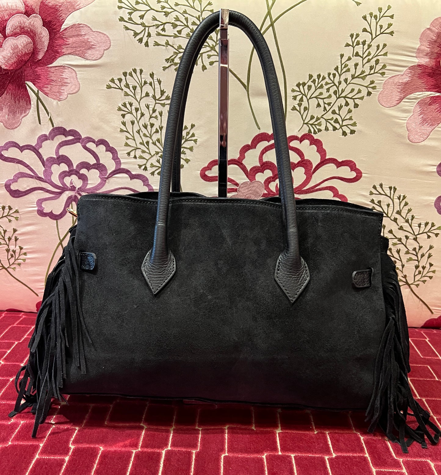 Love & roses borsa due manici nera con frange e tracolla