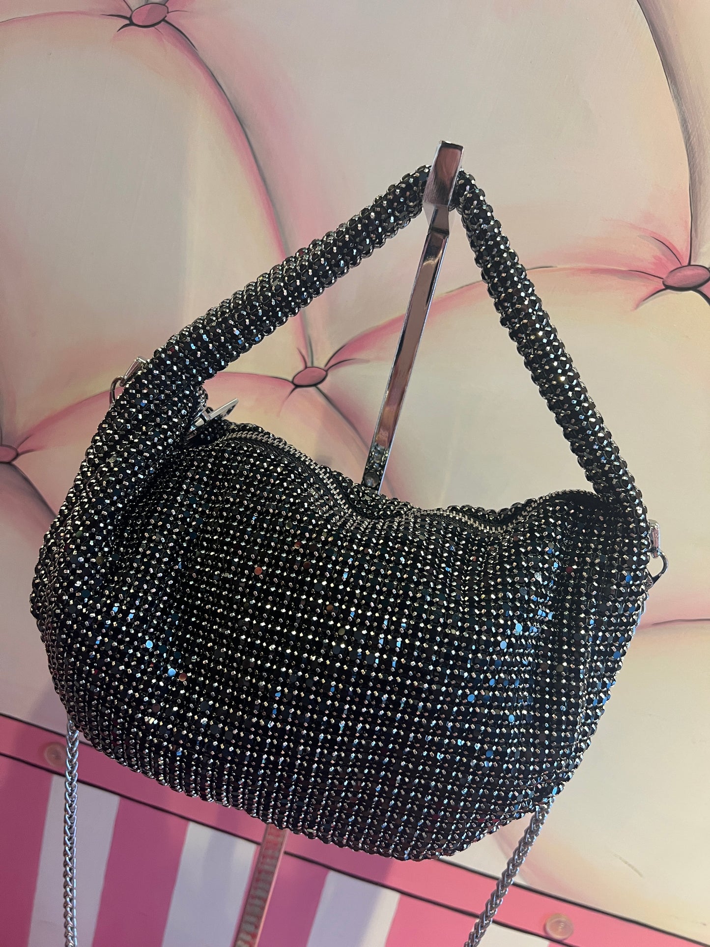 Love & roses borsa a mano full strass nero con tracolla argentata