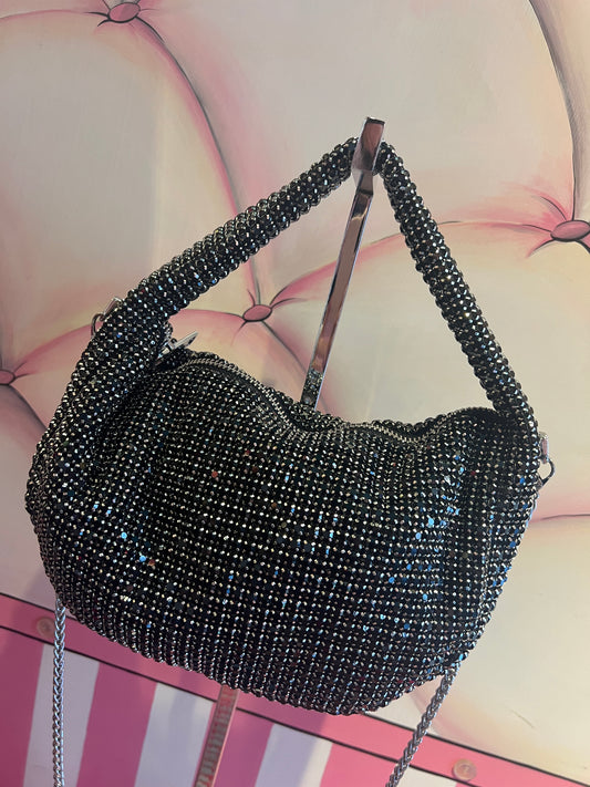 Love & roses borsa a mano full strass nero con tracolla argentata