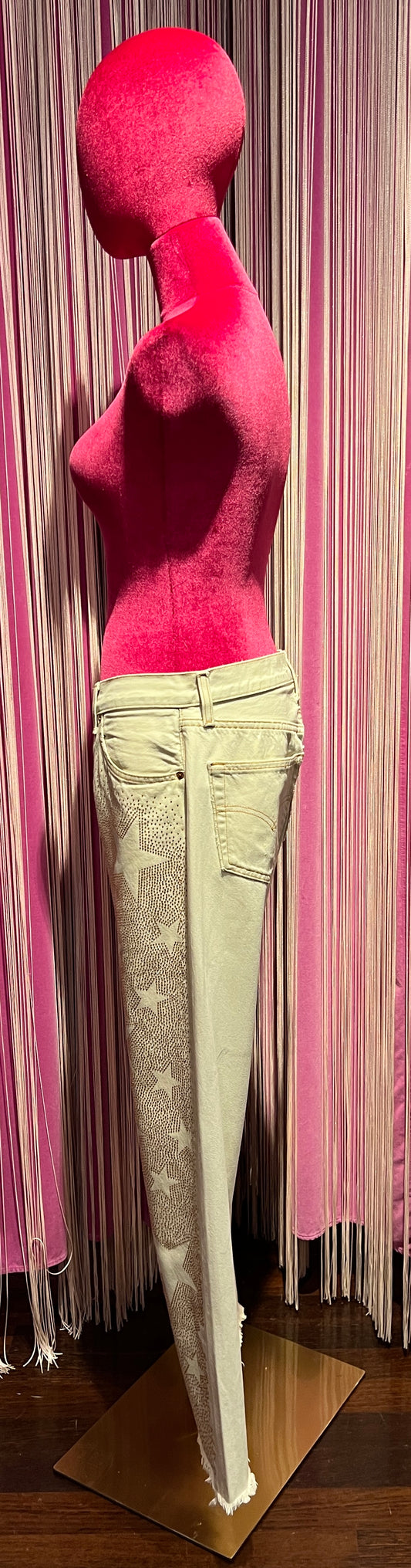 Rossano Perini jeans vintage ultraboy panna con applicazioni stelle crystal fondo taglio vivo