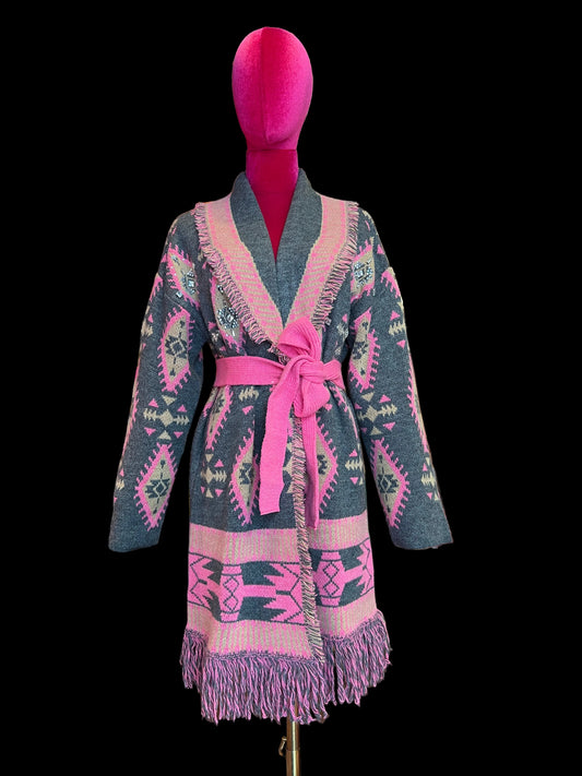 Colour market cardigan jacquard con cinta fucsia strass e frange grigio e fucsia
