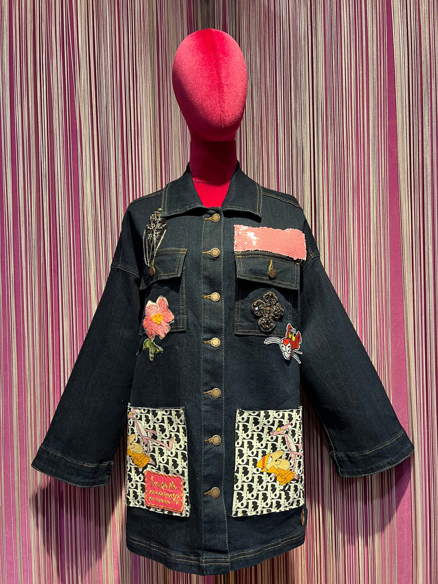 ABpink 🩷 giacca denim con cintura applicazioni pantera rosa