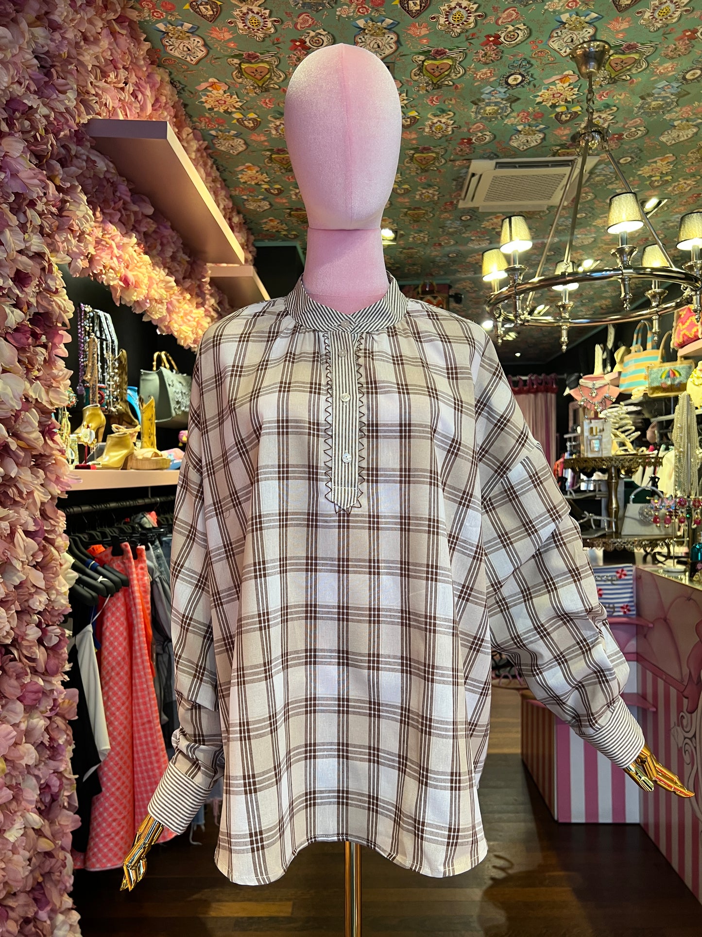 Mon amour Paris camicia quadri e righe marrone e panna