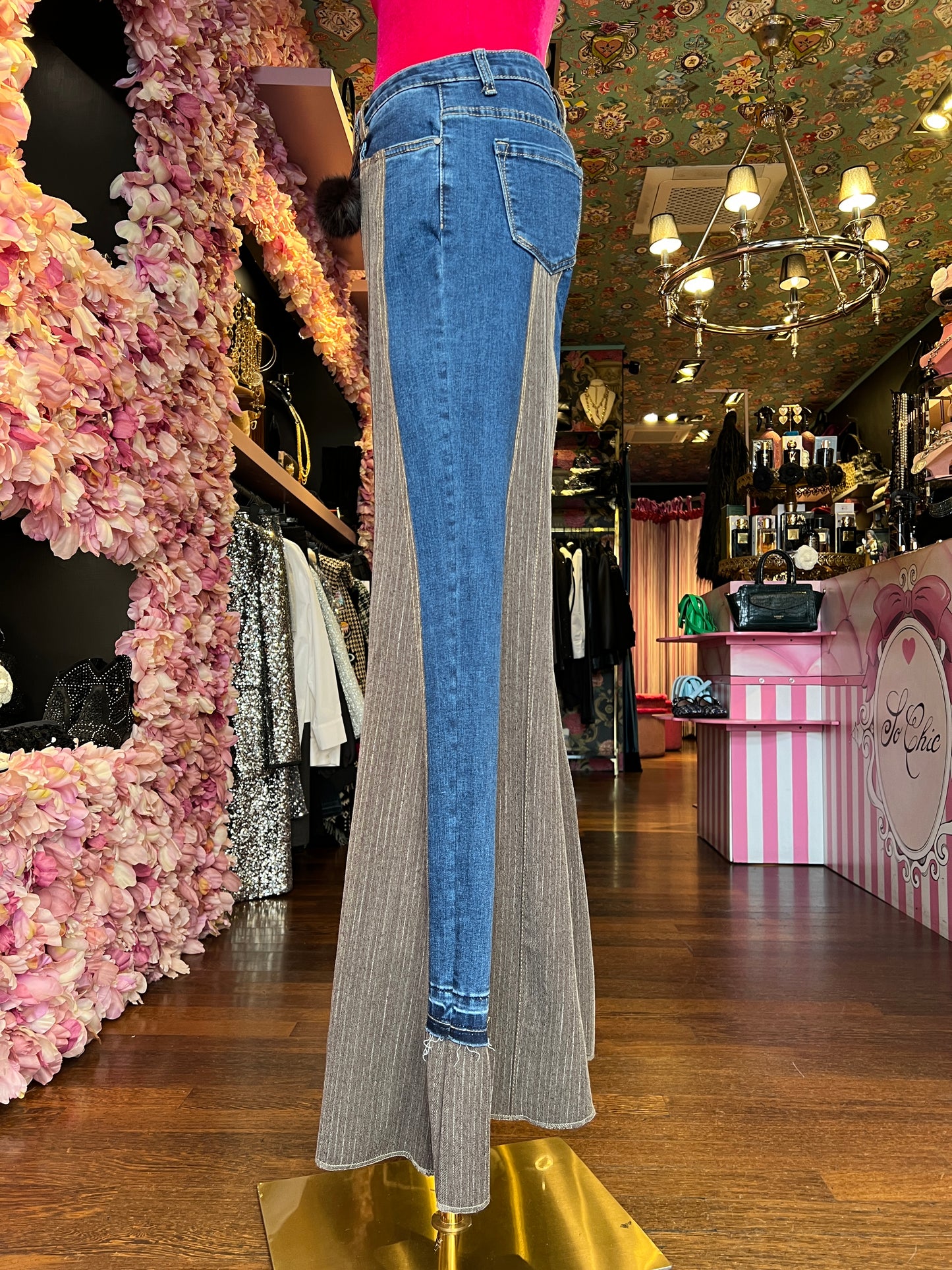 Love & roses jeans denim con spicchi gessati