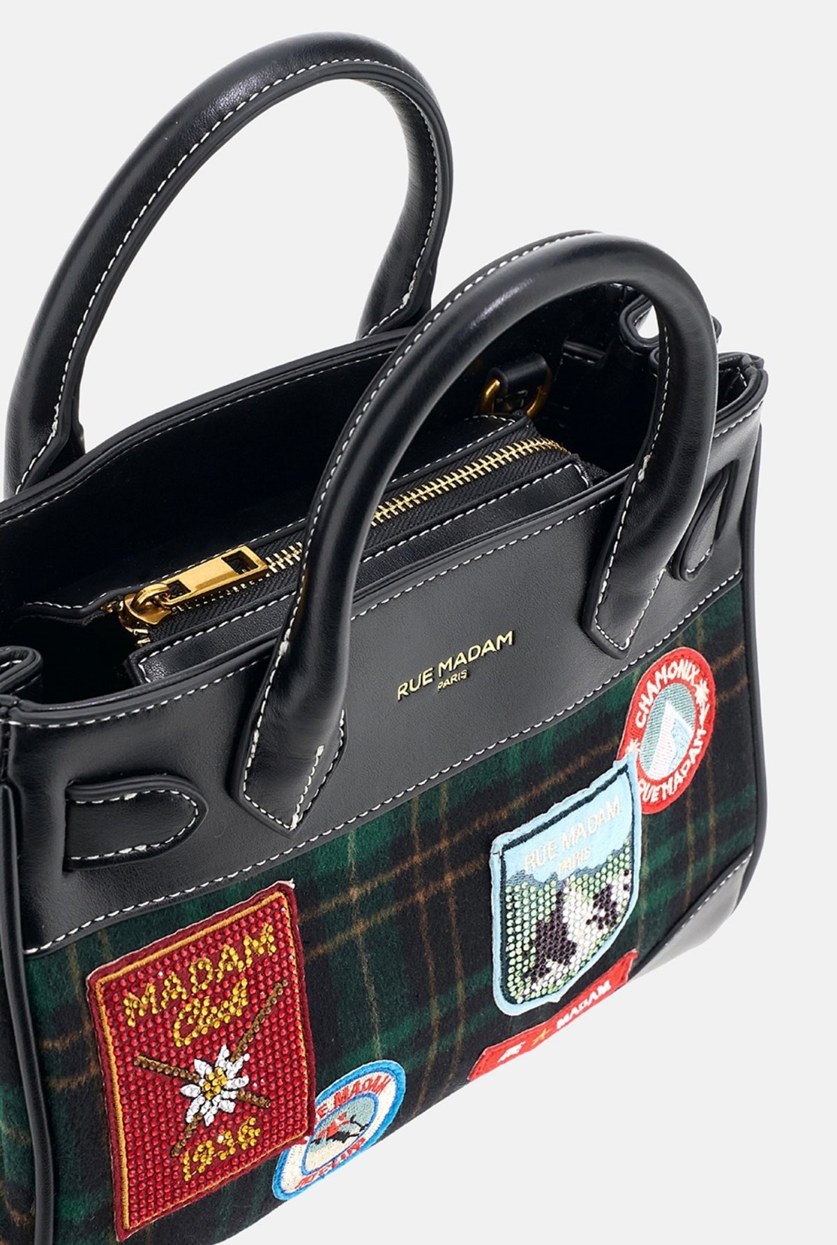 Rue Madam Paris borsa due manici in panno fantasia check tartan/ green piccola , con tracolla