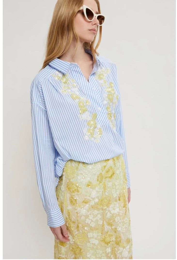 Ermanno Scervino camicia righe con ricamo paillettes gialle e bianche fiocco posteriore