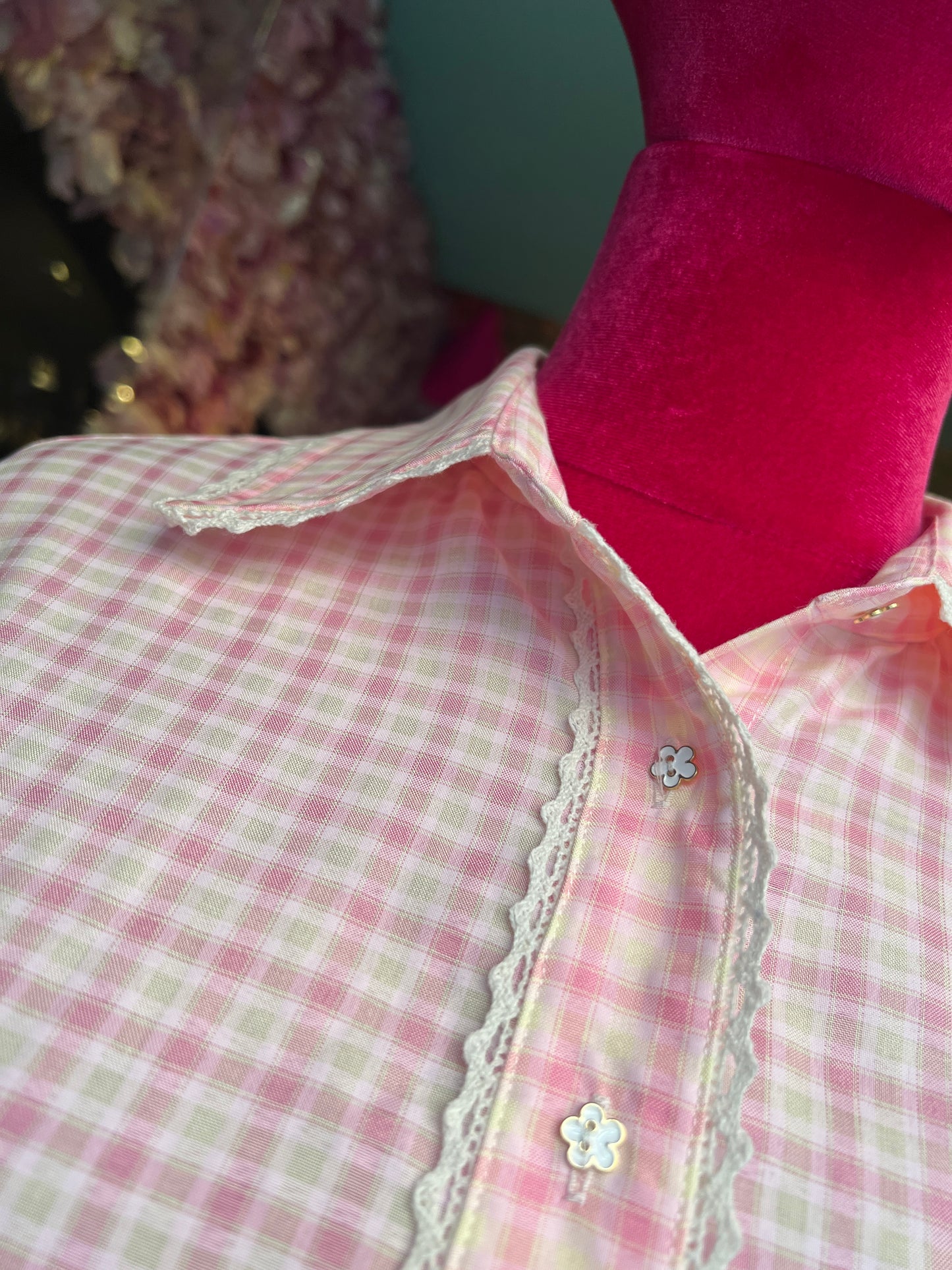 Sincere Paris camicia cotone quadretti rosa e bianchi colletto quadretti con bordo uncinetto