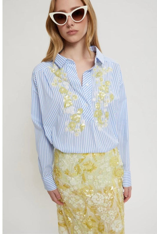 Ermanno Scervino camicia righe con ricamo paillettes gialle e bianche fiocco posteriore