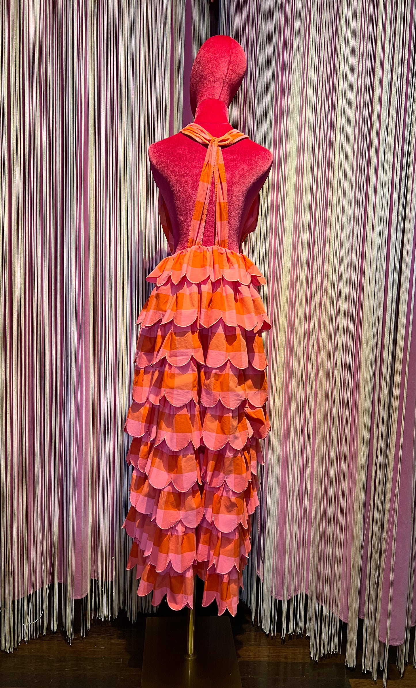 Sundress abito lungo a balze scollato arancio  e rosa