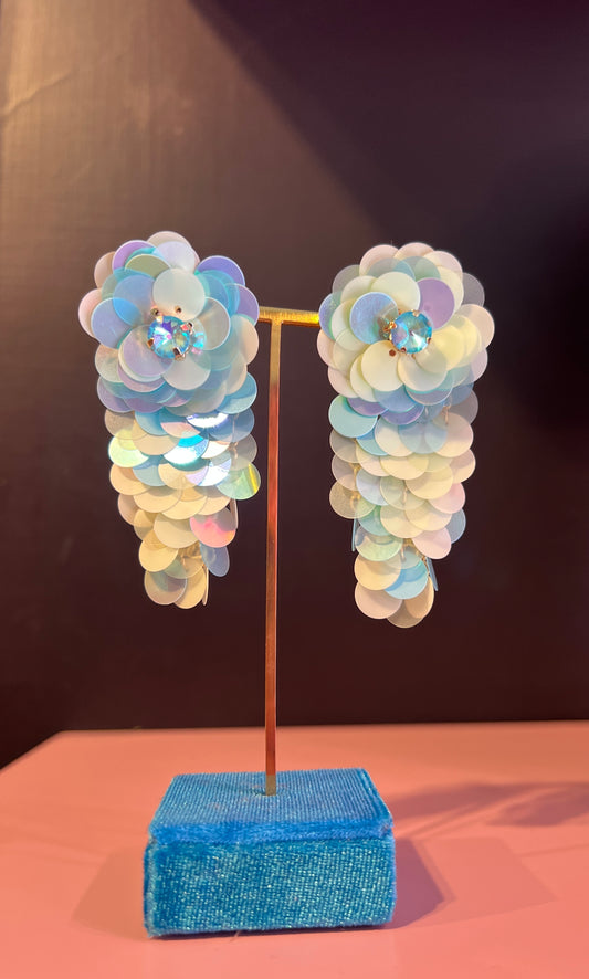 Orecchini clips fiore paillettes celeste