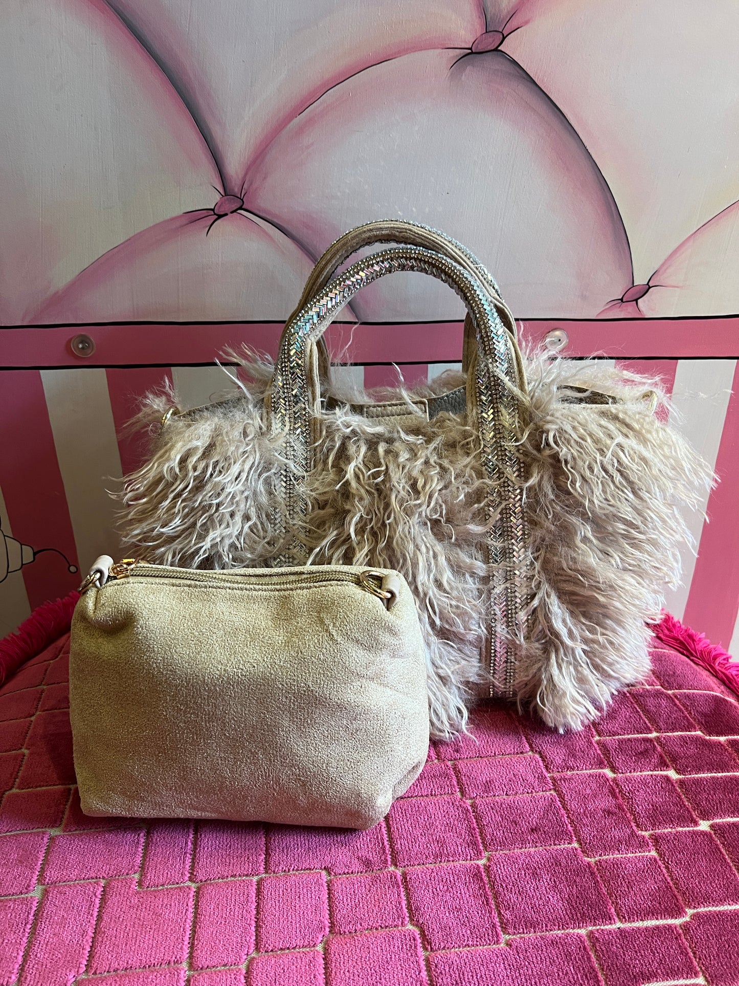 Borsa ecopelliccia beige piccola due manici Swarovski pochette e tracollina