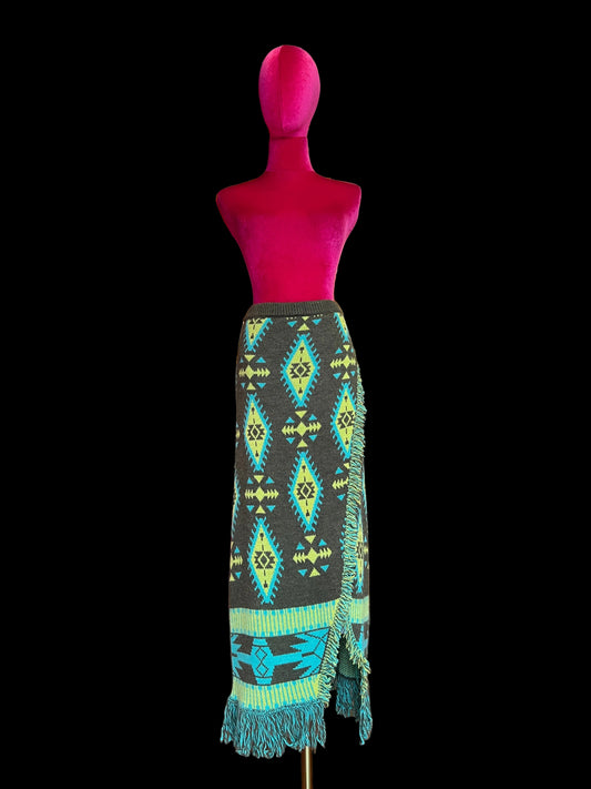 Colour market gonna jacquard con frange verde militare e turchese
