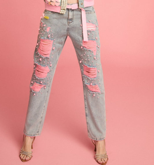 Le Cruel  jeans perle rosa e strappi