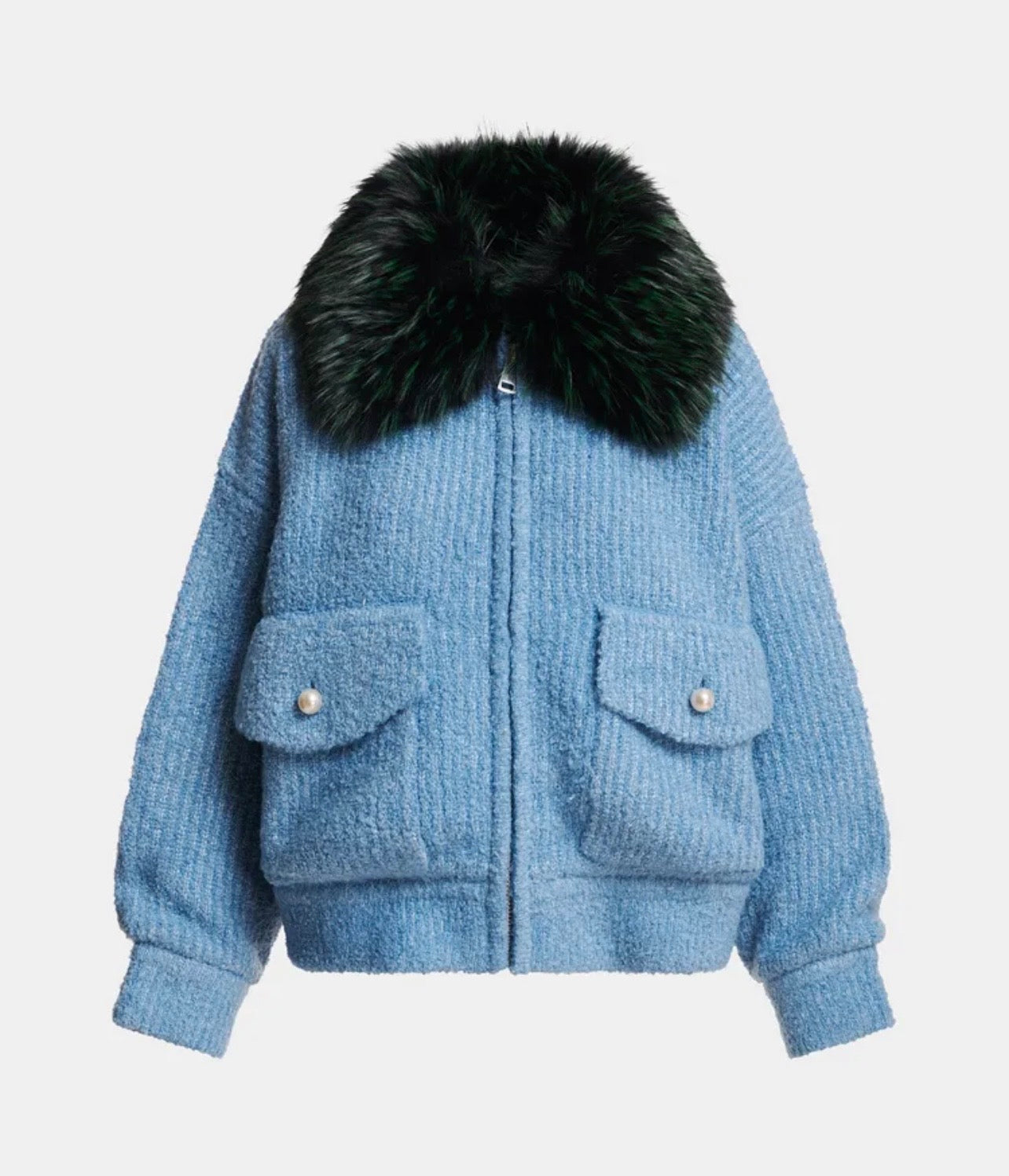 Essentiel antwerp giacca bomber in tessuto boucle’ azzurro chiaro collo removibile in ecopelliccia verde scuro