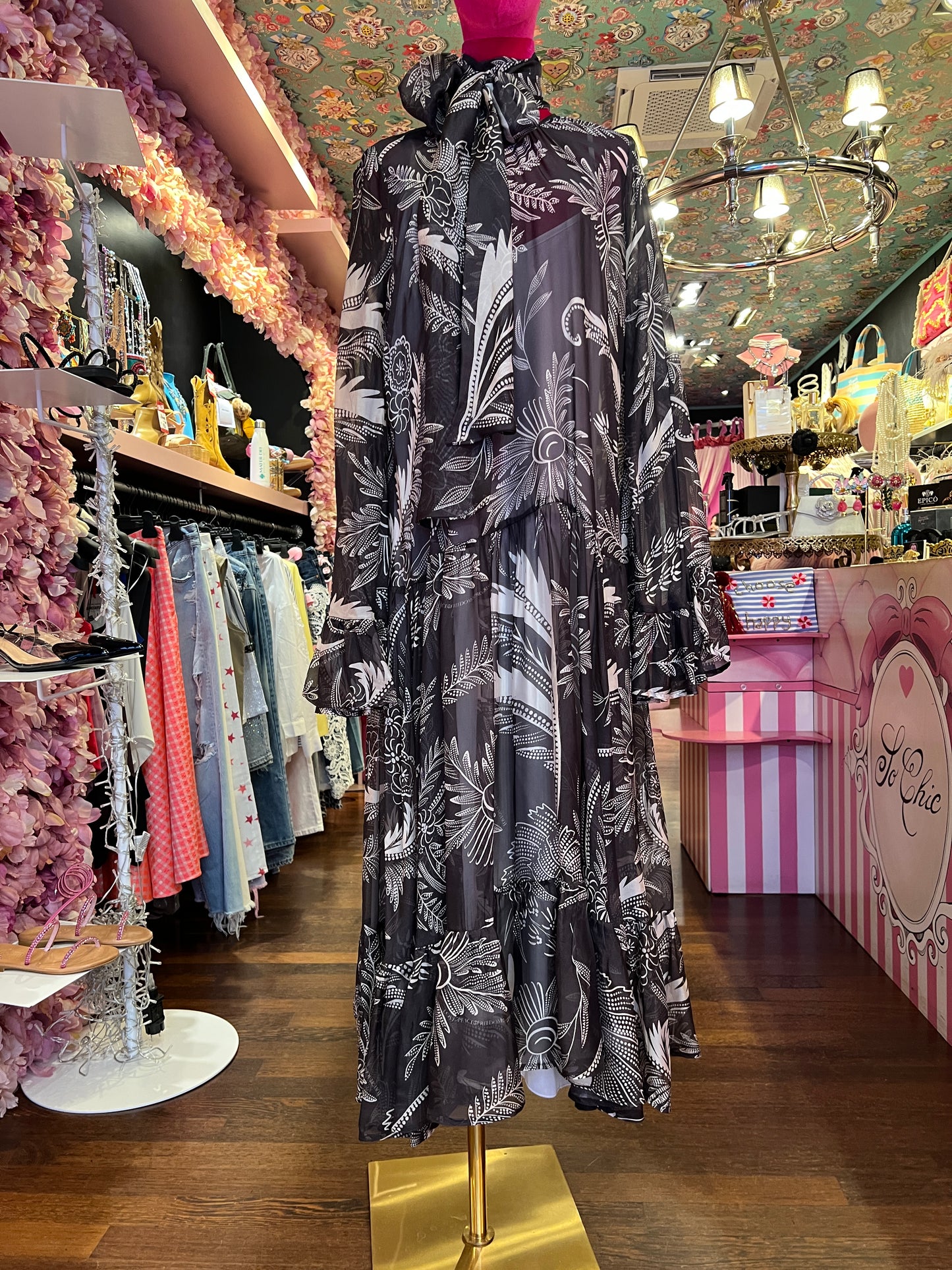 5 Progress abito lungo chiffon fantasia floreale e foulard removibile