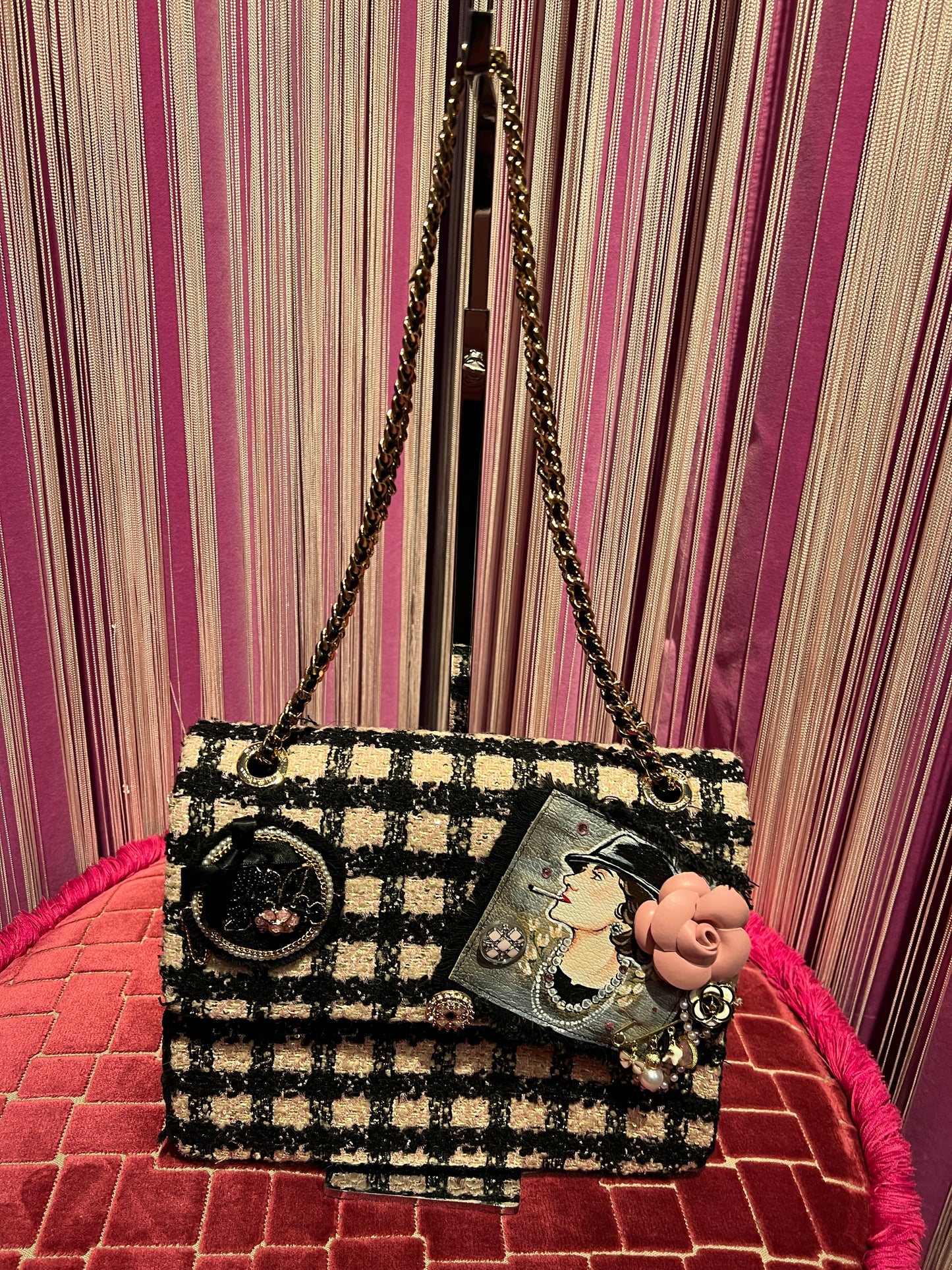 Minime Paris borsa tweed nera e rosa doppia catena