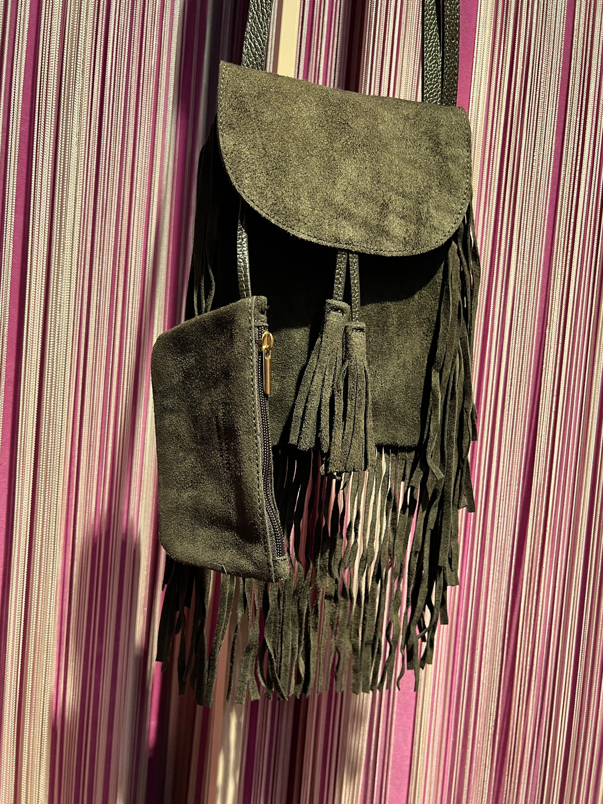 Love & roses tracollina TEXAS in suede con frange , nappina e mini pochette, colore marrone scuro