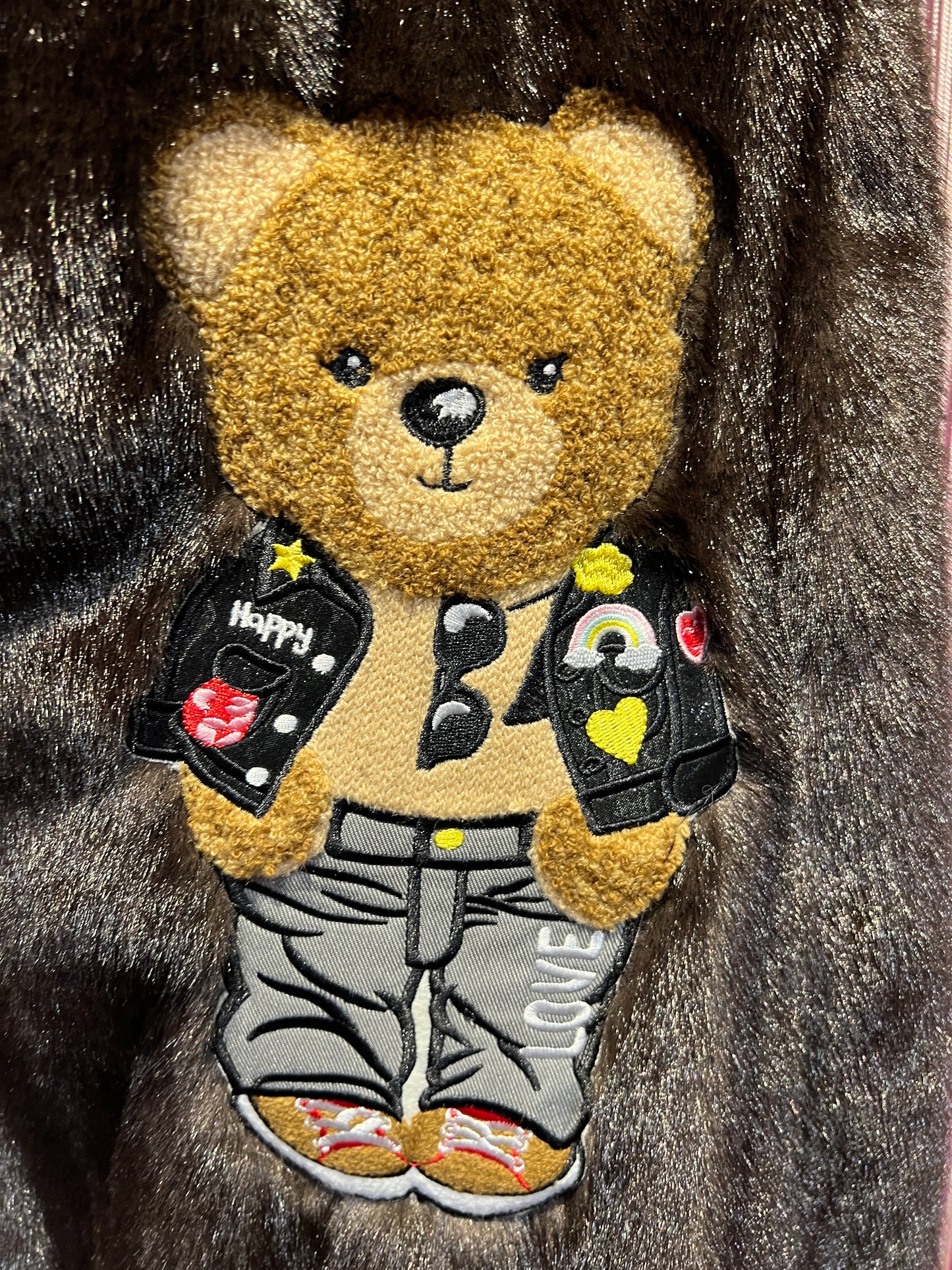 ABpink 🩷 gilet eco visone “good vibes” con patch teddy e patch fiore e stella in paillettes