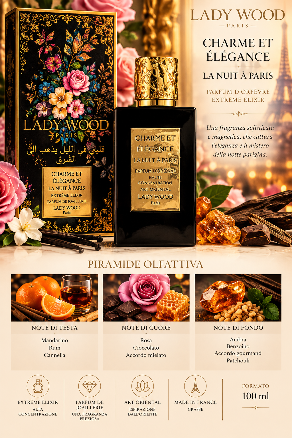 Lady Wood Paris profumo charme et elegance la nuit a Paris ,extreme elixir parfum de joaillerie, eau de parfum 100 ml
