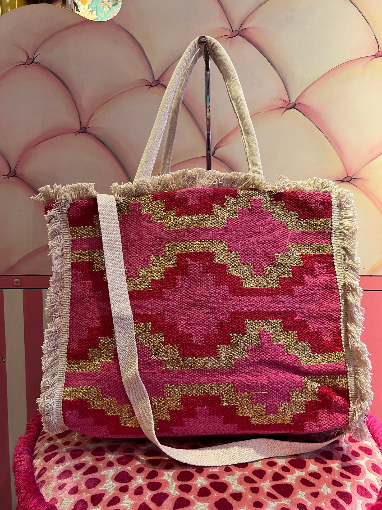 Borsa tela due manici con tracolla fantasia geometrica fucsia e oro