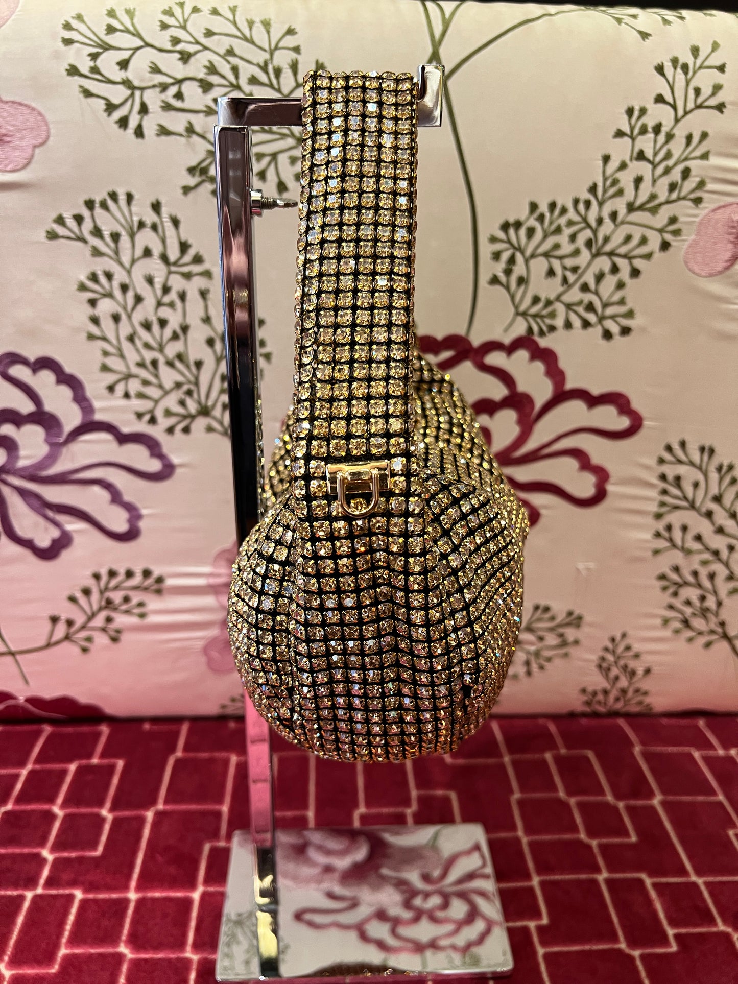 Love & roses borsa a mano full strass oro bronzato con tracollina dorata