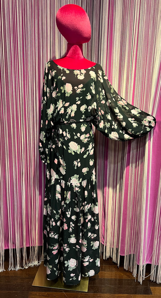 Ermanno Scervino abito lungo fantasia fondo nero con rose rosa manica baloon