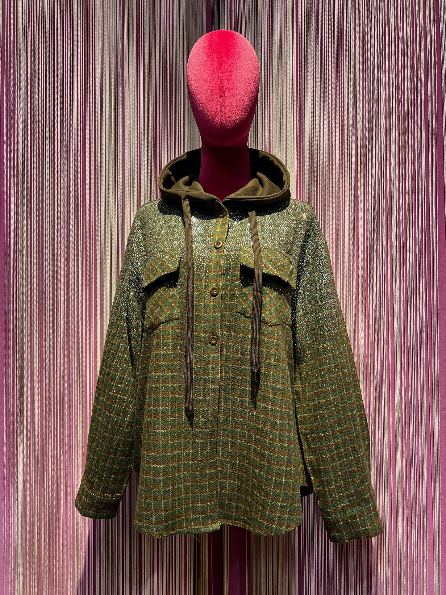 The room camicia giubbotto con cappuccio ,fantasia quadri e cristalli