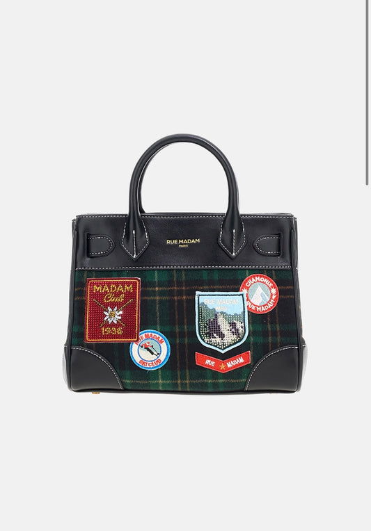 Rue Madam Paris borsa due manici in panno fantasia check tartan/ green piccola , con tracolla
