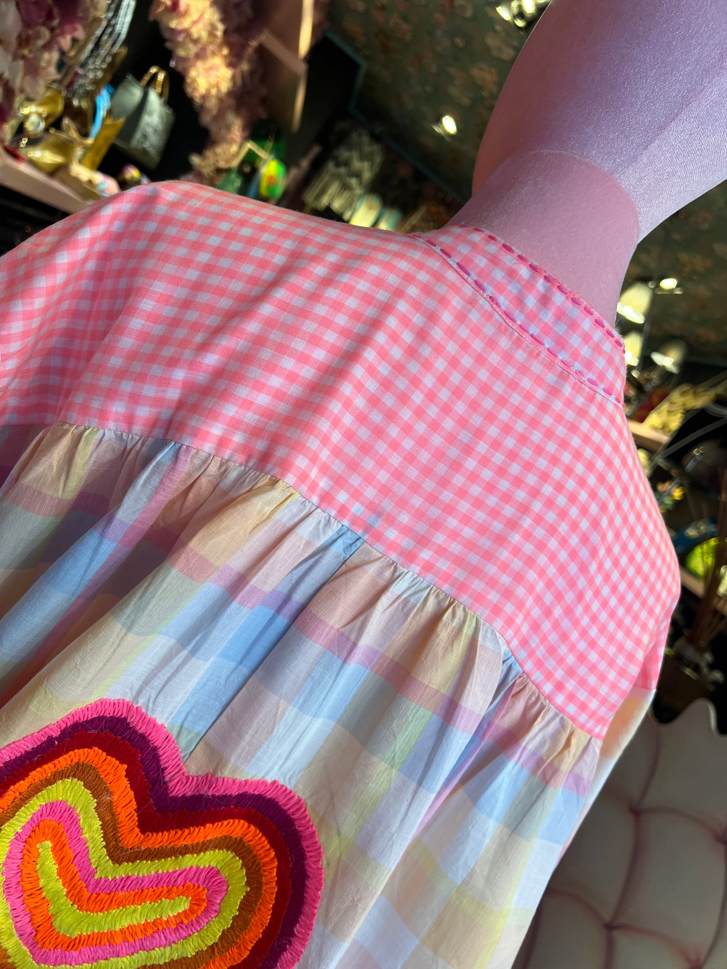 Mon amour Paris camicia fantasia quadri rosa celeste gialla con ricami flou