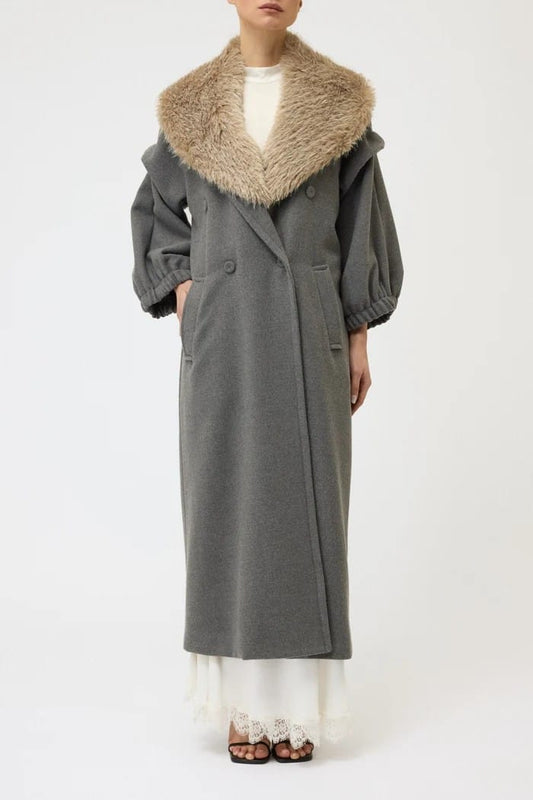 Pink memories cappotto grigio medio in panno con collo in ecopelliccia removibile