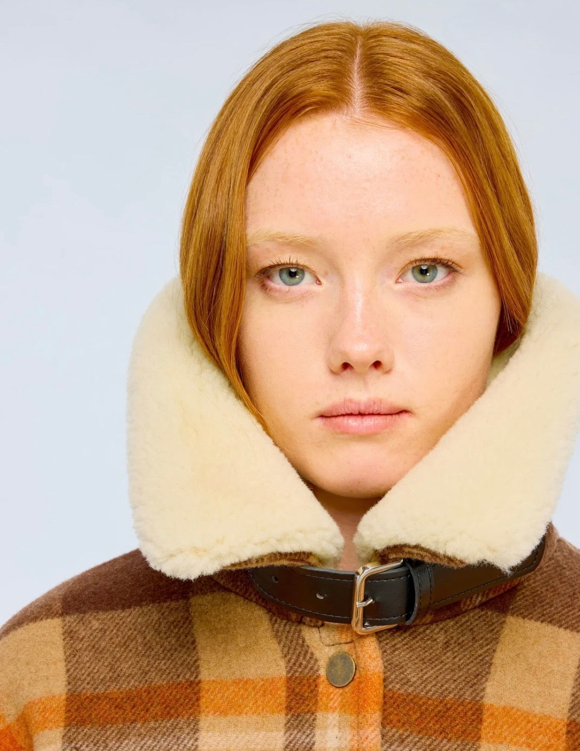 Semicouture giacca/cappotto a quadri beige marrone e arancio con collo  in montone  rimovibile