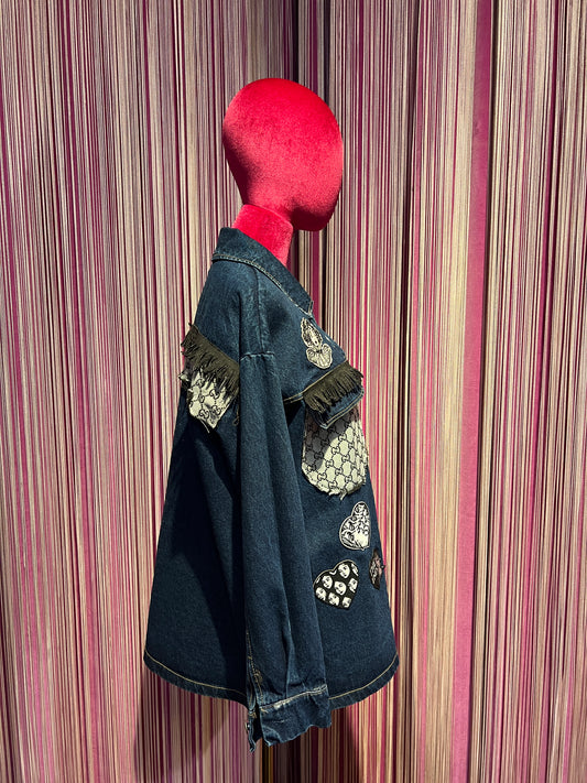 ABpink🩷 giacca camicia jeans stoffa vintage nera con patch