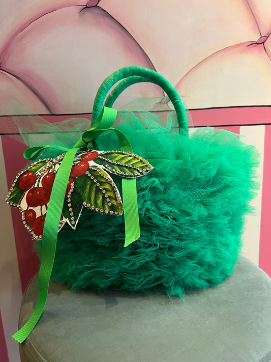 Monilia borsa paglia e tulle verde con patch ciliegie