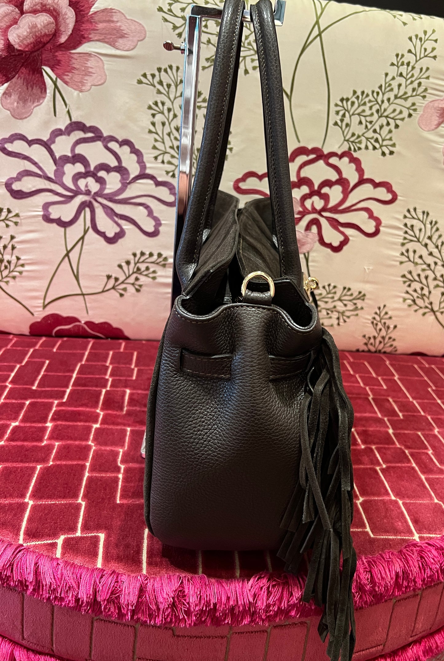 Love & roses borsa due manici con frange e tracolla cioccolato