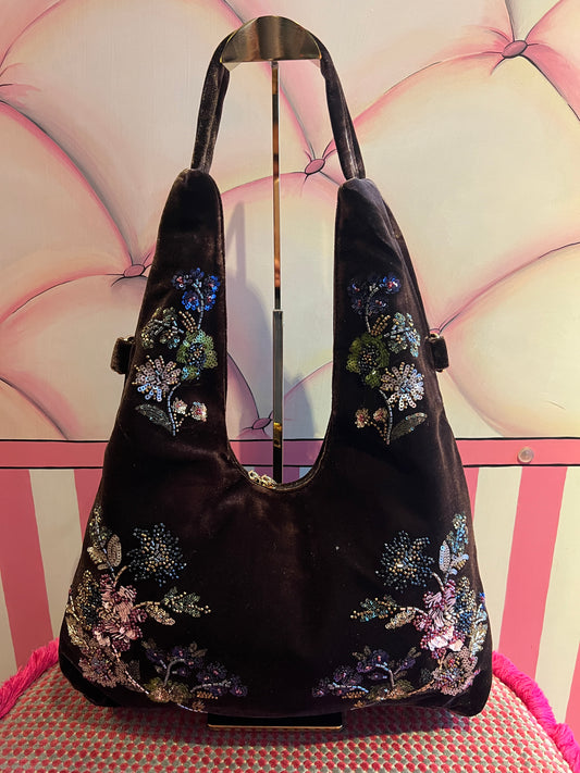Love & roses borsa a spalla di velluto cioccolato con ricami floreali dí paillettes e perline stile orientale con tracollina