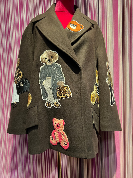Caban Romantic luxury coat giacca/cappotto cioccolato doppiopetto oversize con patch orsetti