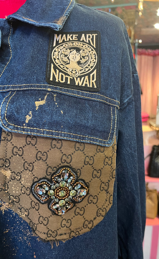 ABpink🩷 giacca camicia jeans con stoffa vintage marrone e patch