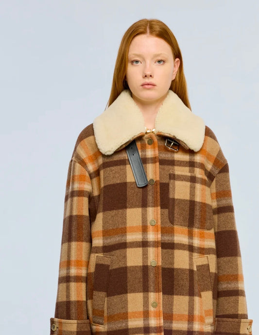 Semicouture giacca/cappotto a quadri beige marrone e arancio con collo  in montone  rimovibile