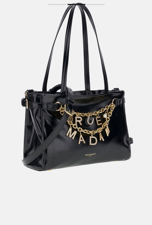 Rue Madam Paris borsa mini in ecopelle nera effetto vinile impreziosita da charms con doppia catena