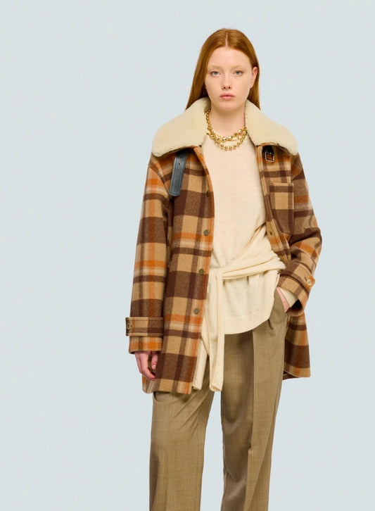 Semicouture giacca/cappotto a quadri beige marrone e arancio con collo in montone rimovibile