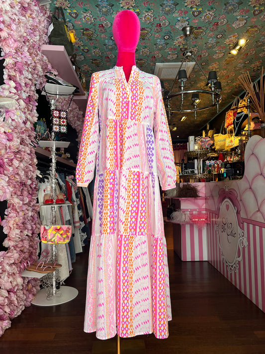 Mon amour Paris sconto-20 % abito lungo fantasia geometrica fucsia/arancio/ viola su sfondo bianco