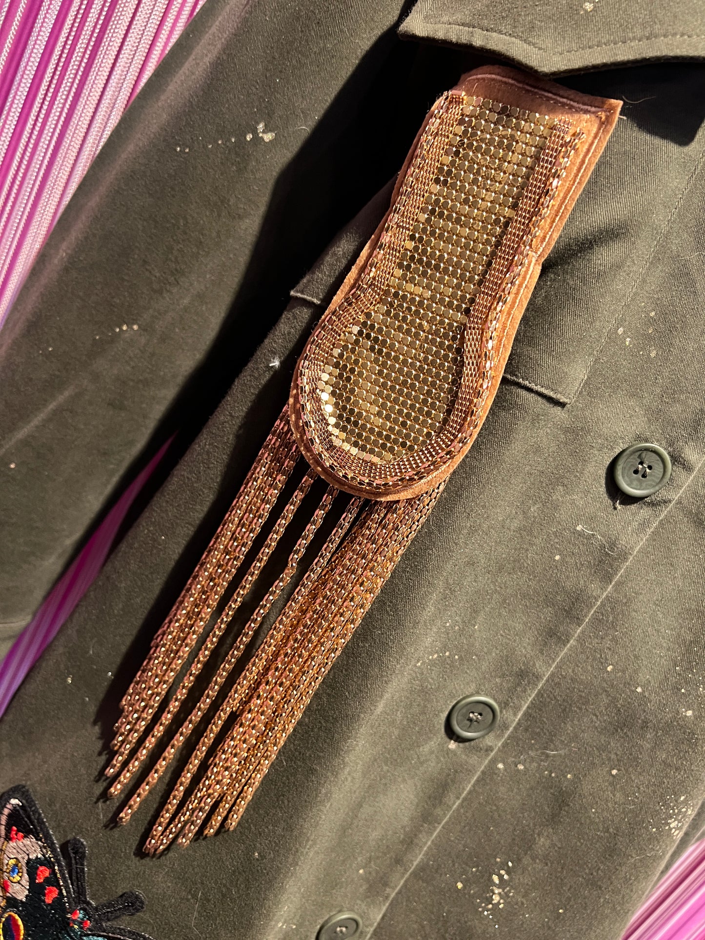 ABpink🩷 giacca Charlotte verde militare con patch stella paillettes gialla tigre fucsia sul retro vestibilita’ 40/44