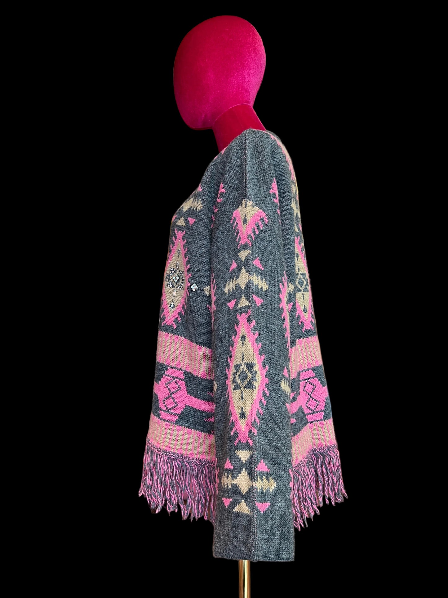 Colour market maglia jacquard con frange e strass grigio e fucsia