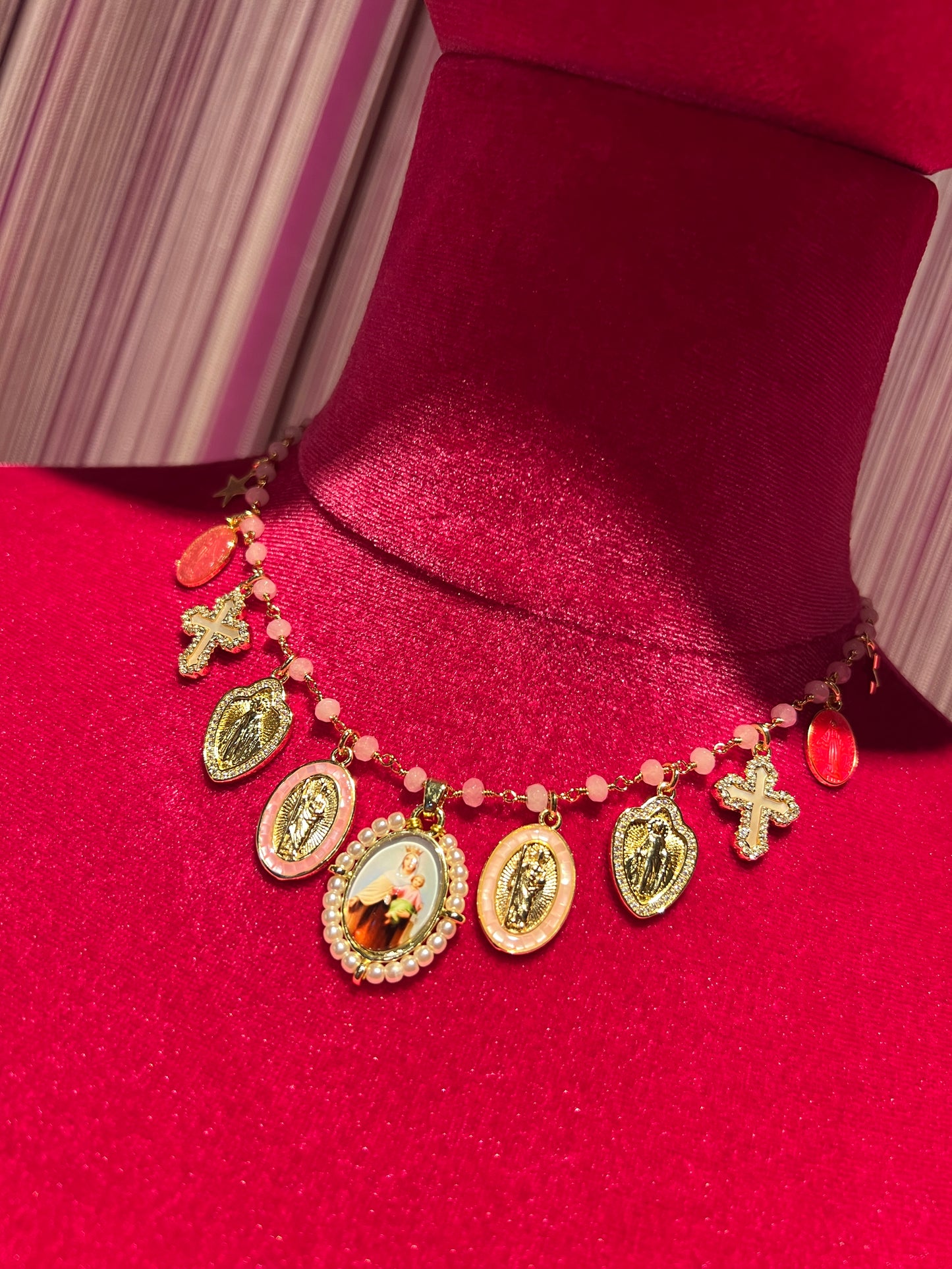 Principessa glam collana girocollo con perline rosa charms con immagini sacre