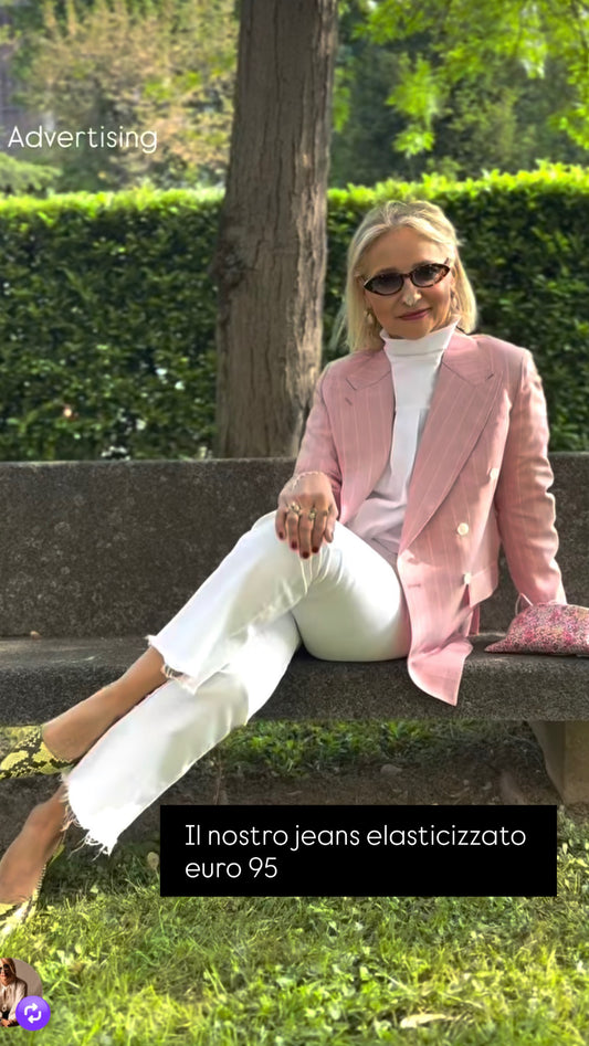 Mon amour Paris pantalone 5 tasche cotone elastico a zampetta sfrangiato bianco