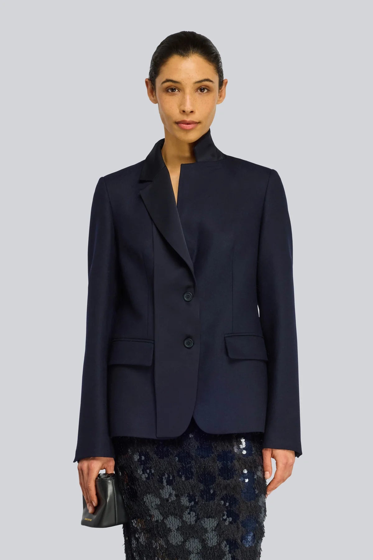 Semicouture giacca in flanella blu notte modello monopetto con rever in raso