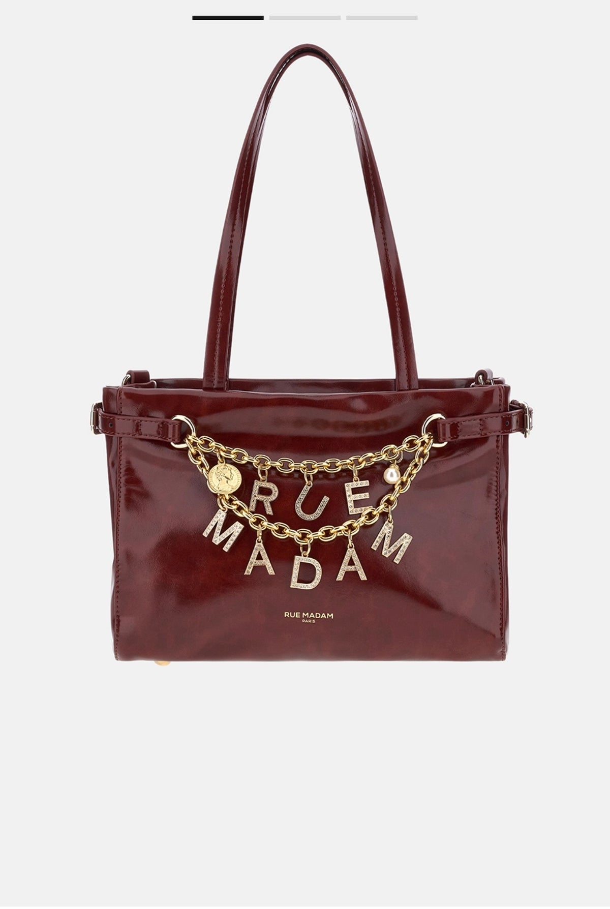 Rue Madam Paris borsa mini in ecopelle effetto vinile burgundi impreziosita da charms con doppia catena