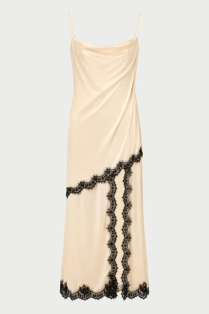 Pink memories abito sottoveste con spacco beige e pizzo nero