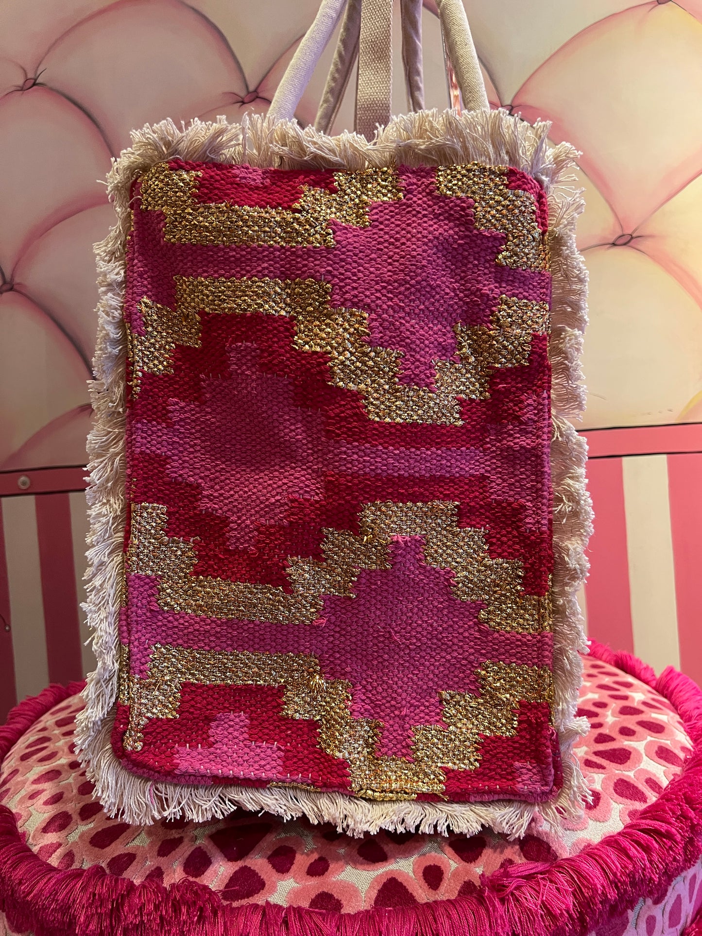 Borsa tela due manici con tracolla fantasia geometrica fucsia e oro