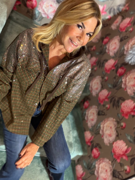 The room camicia giubbotto con cappuccio ,fantasia quadri e cristalli